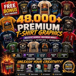 May include: A digital collection of 48,000 premium t-shirt graphics featuring diverse designs like skulls, landscapes, and motivational text. The bundle includes editable files, font packs, and t-shirt mockups for commercial use.