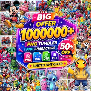 Puede incluir: Un gráfico promocional digital con una insignia central grande con el texto BIG OFFER 1000000+ PNG TUMBLER PNG CHARACTERS 50% OFF. El fondo es un collage de varios personajes de dibujos animados, incluidos Mickey Mouse, Pikachu y Spider-Man.