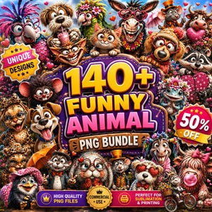 May include: A digital collection of 140+ funny animal PNG files featuring cartoon-style creatures including dogs, cats, birds, and farm animals, with text overlays stating Unique Designs, 50% Off, and High Quality PNG Files for commercial use.