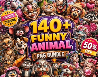 140+ Funny Animals Mega Bundle Clipart, Caricature Pet Bundle Watercolor, Cat Png, Silly Dog, Retro Humor, Tredny PNG, Safari Illustration