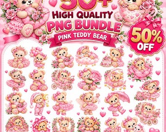 50+ Watercolor Pink Teddy Bear Clipart, Cute Baby Bear PNG, Kids Birthday Decor, Baby Shower Girl Clip Art, Floral Nursery PNG Bundle