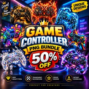 Può includere: Un pacchetto di grafica digitale con vari design di controller di gioco con vivaci effetti di fuoco, ghiaccio, diamante e neon. Il testo centrale recita GAME CONTROLLER PNG BUNDLE 50% OFF, circondato da icone per alta qualità, sfondo trasparente e download immediato.