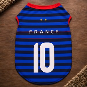 Puede incluir: Camiseta para mascotas a rayas azules y marinas con la palabra "FRANCE" en blanco y el n&uacute;mero "10". La camiseta tiene cuello y ribetes rojos. Dos estrellas doradas est&aacute;n encima de la palabra "FRANCE".