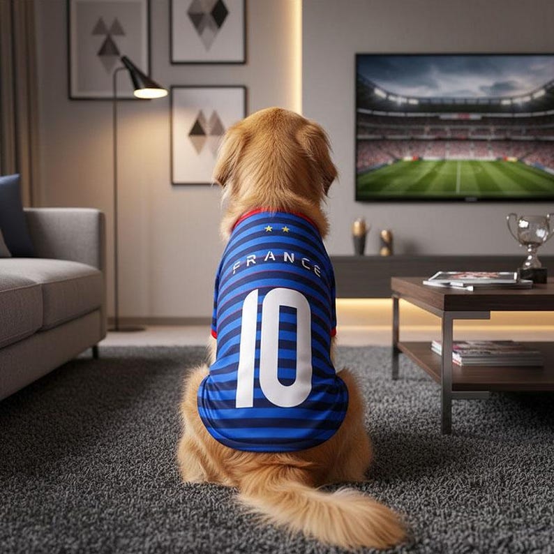 Puede incluir: Un golden retriever con una camiseta a rayas azules y blancas con la palabra "FRANCE" y el n&uacute;mero "10" en la espalda. El perro est&aacute; sentado en una alfombra gris frente a un televisor que muestra un partido de f&uacute;tbol.