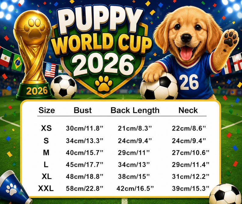 Puede incluir: Un cachorro golden retriever con una camiseta azul con el n&uacute;mero 26, sosteniendo un bal&oacute;n de f&uacute;tbol. La imagen presenta un trofeo dorado, balones de f&uacute;tbol y el texto "PUPPY WORLD CUP 2026". Tambi&eacute;n se incluye una tabla de tallas con medidas en cm y pulgadas.