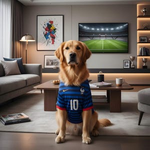Puede incluir: Un golden retriever con una camiseta de f&uacute;tbol a rayas azules y blancas con el n&uacute;mero 10. El perro est&aacute; sentado en un sal&oacute;n moderno con un televisor que muestra un partido de f&uacute;tbol.