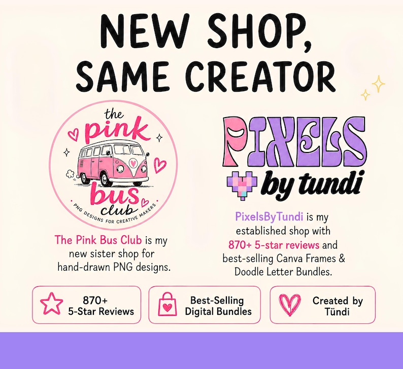 Puede incluir: Un anuncio gr&aacute;fico con el texto NEW SHOP, SAME CREATOR. Muestra el logotipo circular de The Pink Bus Club con una ilustraci&oacute;n de una furgoneta rosa y el logotipo de Pixels by Tundi. El texto menciona 870+ rese&ntilde;as de 5 estrellas y paquetes digitales.