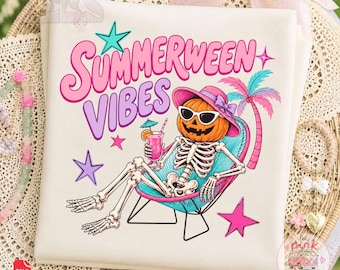 Calabaza esqueleto con ambiente veraniego PNG, diseño de camiseta de playa espeluznante de Halloween, PNG de verano de Halloween, estilo preppy, Summerween, vintage, gráficos DTF
