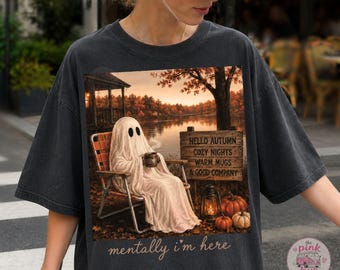 Fantasma autunnale di Summerween PNG, design di tendenza per magliette di Halloween, PNG autunnale accogliente, design per sublimazione Mentally Here, fantasma autunnale di tendenza per Halloween PNG