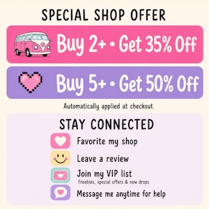 Puede incluir: Un gr&aacute;fico promocional con el texto SPECIAL SHOP OFFER, Buy 2+ Get 35% Off con un icono de furgoneta rosa, y Buy 5+ Get 50% Off con un coraz&oacute;n pixelado. Debajo, STAY CONNECTED enumera Favorite my shop, Leave a review, Join my VIP list y Message me anytime.