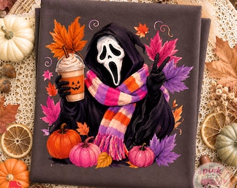 Ghostface Otoño PNG, Diseño de Camiseta Latte Halloween, Sublimación de Temporada Otoño Espeluznante, Summerween Halloween, Otoño, Ghostface PNG