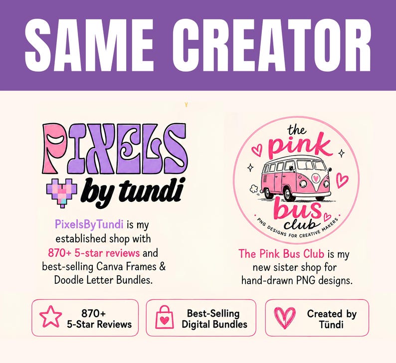 May include: A graphic display featuring the text SAME CREATOR at the top. Below, the Pixels by Tundi logo with a pixelated heart and The Pink Bus Club logo with a pink van illustration. Text details include 870+ 5-star reviews and digital bundles.