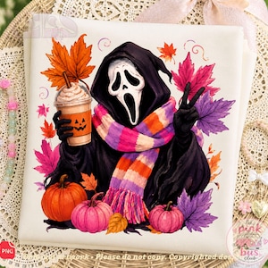 May include: A white fabric square featuring a graphic illustration of a Ghostface character wearing a striped scarf, holding a pumpkin-faced iced coffee cup, and making a peace sign, surrounded by colorful autumn leaves and three pumpkins.
