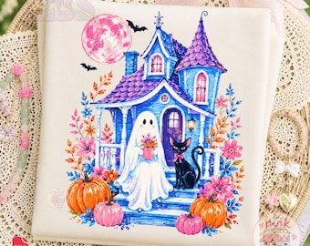 Casa encantada floral, fantasma, gato negro PNG, fantasma espeluznante, calabaza, diseño de Halloween de gato negro, caprichoso, moderno (descarga digital)