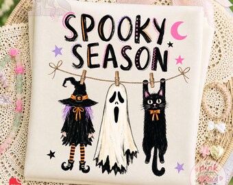 Personajes colgantes de Halloween, estilo preppy, temporada espeluznante PNG, coqueta, esqueleto, diseño de sublimación de otoño de moda, diseño de camiseta de Halloween para chicas