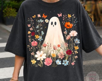 Fantasma de flores silvestres para Halloween PNG, Halloween floral bohemio, diseño de sublimación vintage de otoño para la temporada espeluznante, imágenes prediseñadas de Halloween más vendidas en tendencia