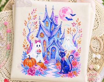 Casa encantada floral PNG, mansión de Halloween caprichosa, fantasma, calabaza, gato negro (descarga digital)