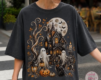 Fantasma de casa embrujada PNG, diseño de mansión espeluznante de Halloween, fantasma espeluznante PNG, calabaza, gato negro PNG, diseño de camiseta de Halloween, PNG de sublimación