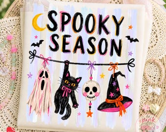 Preppy Spooky Season Halloween PNG, Preppy Coquette Ghost Cat Witch PNG, Sublimación de otoño de moda, Imágenes prediseñadas de Halloween para chicas, Boutique a rayas