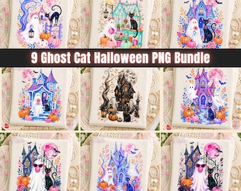 Paquete PNG de chicle de gato fantasma, sublimación de casa embrujada de moda, diseño de camiseta de Halloween con temática literaria, PNG floral de otoño, paquete PNG de fantasma