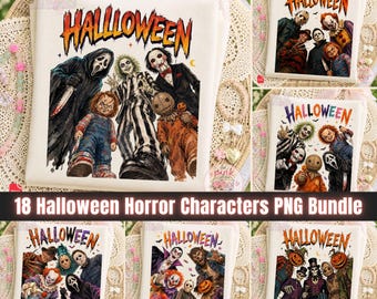 Paquete de imágenes PNG de personajes de terror de Halloween: fantasma, payaso, bruja, cara de calabaza, cara de fantasma, diseño de Halloween, gráficos espeluznantes, amigos de terror PNG.