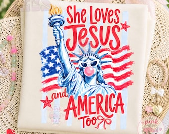 Ella ama a Jesús América PNG, Estatua de la Libertad, EE. UU., Cristiano 4 de julio, 250 aniversario png, Moderno, Pincelada, Preppy, Bandera de EE. UU., png