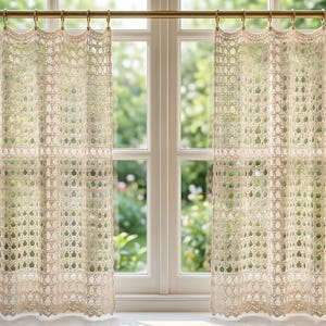 May include: Two beige crochet curtains hanging from a gold-toned metal rod with rings. The curtains feature an intricate, openwork lace pattern with repeating geometric shapes and a scalloped bottom edge, allowing soft light to filter through.