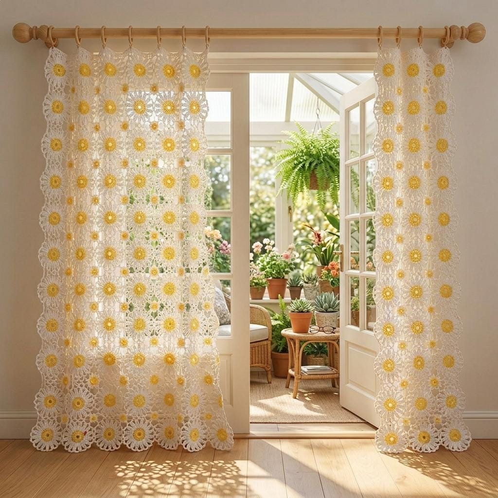 39 Beautiful Crochet Curtain Patterns to Dress Your Windows 37 Crochet Curtain Pattern Boho Floral Motif