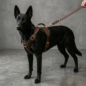 Pode incluir: Um cão totalmente preto usa um peitoral de couro castanho com uma pega superior e fivelas de metal cor de latão. Uma trela de couro castanho a condizer está presa ao peitoral com um gancho de metal cor de latão, estendendo-se para cima.