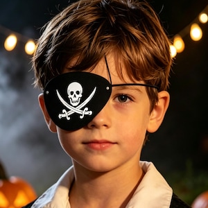 May include: A black eye patch featuring a white skull and crossbones graphic. The patch is oval-shaped with a thin black elastic strap designed to secure it around the head, displaying a classic pirate-themed design for costume use.