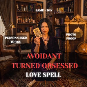 May include: A person wearing a dark purple velvet top and a multi-strand beaded necklace holds a tarot card. Text on the image reads: SAME-DAY, PERSONALISED TO YOU, PHOTO PROOF, AVOIDANT TURNED OBSESSED LOVE SPELL. The setting includes bookshelves.