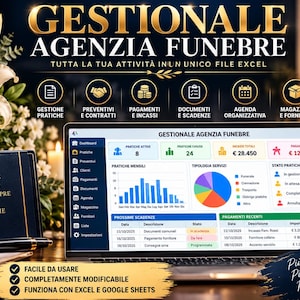 Può includere: Un software gestionale per agenzie funebri visualizzato su uno schermo di un computer portatile, con una dashboard Excel che include grafici, dati finanziari e liste di attività. L'interfaccia presenta testo in italiano e icone per la gestione.