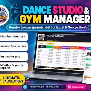 Può includere: Un modello di foglio di calcolo digitale per studi di danza e palestre, compatibile con Excel e Google Sheets. Lo schermo mostra una tabella di riepilogo annuale con colonne per entrate, spese, pagamenti agli istruttori e profitto netto.