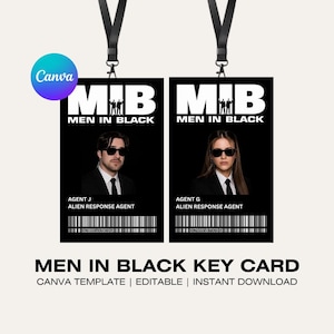 Może przedstawiać: Dwie prostokątne karty identyfikacyjne Men in Black z czarnymi smyczami. Każda karta zawiera logo MIB, zdjęcie agenta w garniturze i okularach przeciwsłonecznych, napis Agent J lub Agent G, Alien Response Agent oraz kod kreskowy na dole.