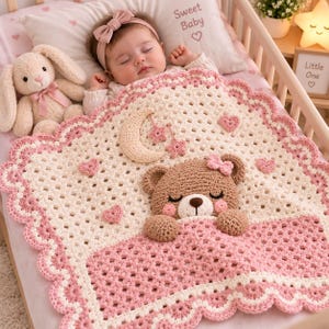 May include: A handmade crochet baby blanket featuring a cream-colored base with a scalloped pink border. The blanket is decorated with a central brown teddy bear face, a crescent moon, two small stars, and several pink hearts stitched onto it.