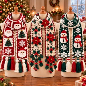 May include: Three crochet scarves displayed on mannequins. The left scarf features Santa faces, Christmas trees, and snowflakes in red, white, and green. The center scarf has poinsettias and holly berries. The right scarf features snowmen and snowflakes.