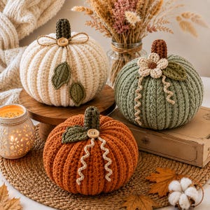 Può includere: Tre zucche all'uncinetto color crema, verde salvia e arancione bruciato. La zucca color crema ha un gambo verde scuro, un bottone di legno e due foglie. La zucca verde ha un gambo marrone, un fiore all'uncinetto e viticci. La zucca arancione ha un gambo verde scuro, un bottone di legno e viticci.