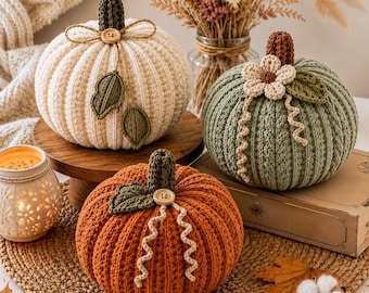 Crochet Pumpkin Pattern Bundle PDF, 3 Amigurumi Pumpkin Patterns, Ribbed Cable Knit Fall Decor, Beginner Intermediate Crochet Tutorial