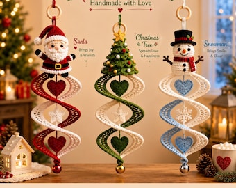 Schema PDF per decorazione natalizia a spirale all'uncinetto, Babbo Natale, pupazzo di neve, albero di Natale amigurumi, decorazione a spirale da appendere, livello principiante avanzato, 3 modelli