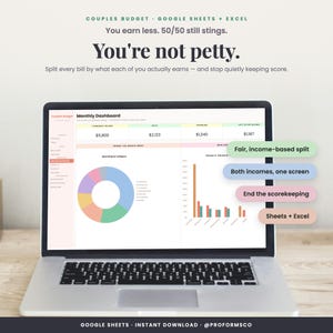 Couples Budget Spreadsheet, Automatic Bill Split, Google Sheets Excel (Digital Download)