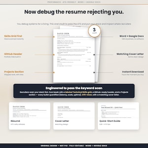 Op de afbeelding: Een digitale cv-sjabloonkit met een cv, begeleidende brief en snelstartgids. De lay-out bevat een vaardighedenraster, GitHub-koptekst en projectsectie. De tekst bevat 'Now debug the resume rejecting you' en 'Engineered to pass the keyword scan'.