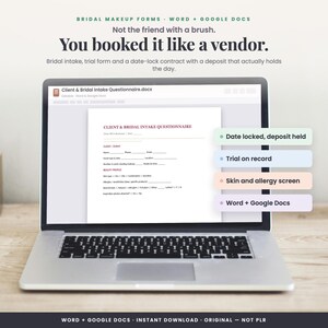 Pacchetto di moduli contrattuali per trucco da sposa / Colloquio iniziale, prova, accordo di acconto (Word, Google Docs)