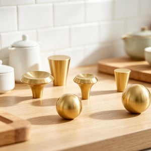May include: A collection of six gold-toned metal cabinet knobs and pulls in various shapes, including two spherical knobs, two flared circular knobs, and two tapered cylindrical knobs, all featuring a smooth, brushed metallic finish.
