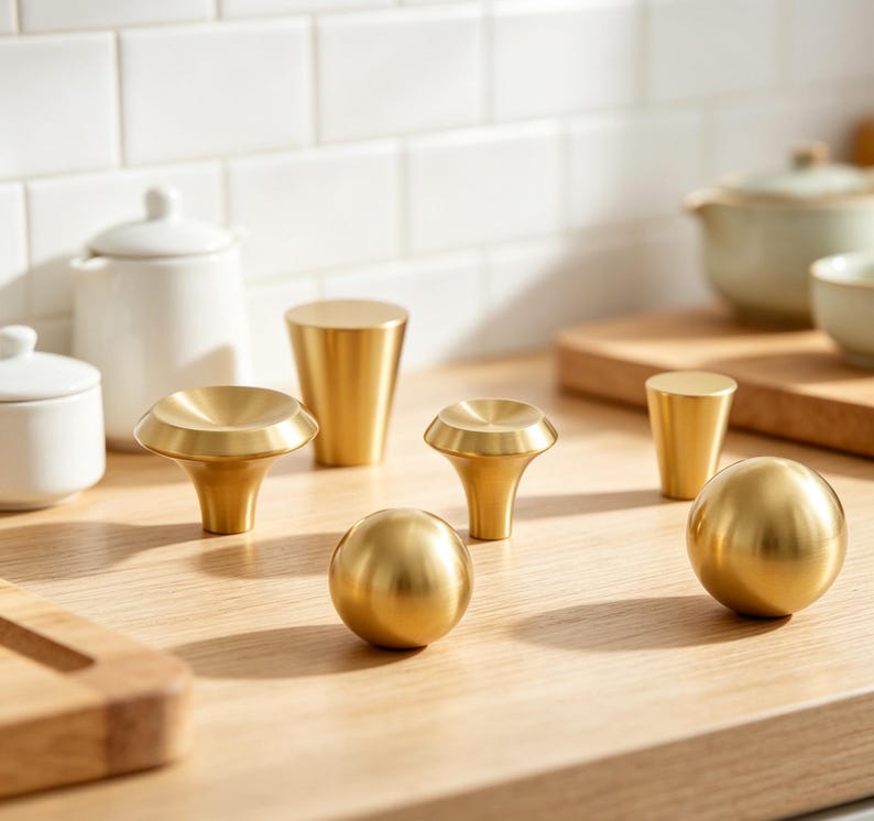May include: A collection of six gold-toned metal cabinet knobs and pulls in various shapes, including two spherical knobs, two flared circular knobs, and two tapered cylindrical knobs, all featuring a smooth, brushed metallic finish.