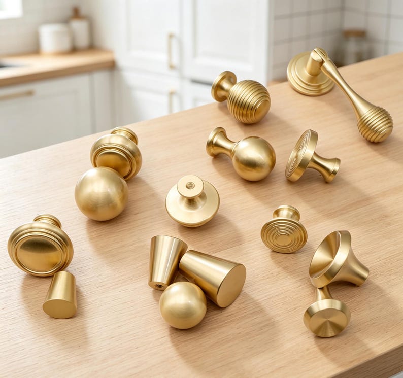 May include: A collection of brass-toned cabinet hardware including various knobs, pulls, and handles. The set features smooth spherical, ribbed, and conical shapes with a matte metallic finish, designed for furniture or cabinetry installation.