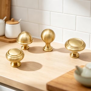 May include: Four brass cabinet knobs with a brushed gold finish. Two knobs feature a rounded dome shape with a tiered base, one knob has a spherical top on a pedestal, and one knob has a flat circular top with a stepped edge and a pedestal base.