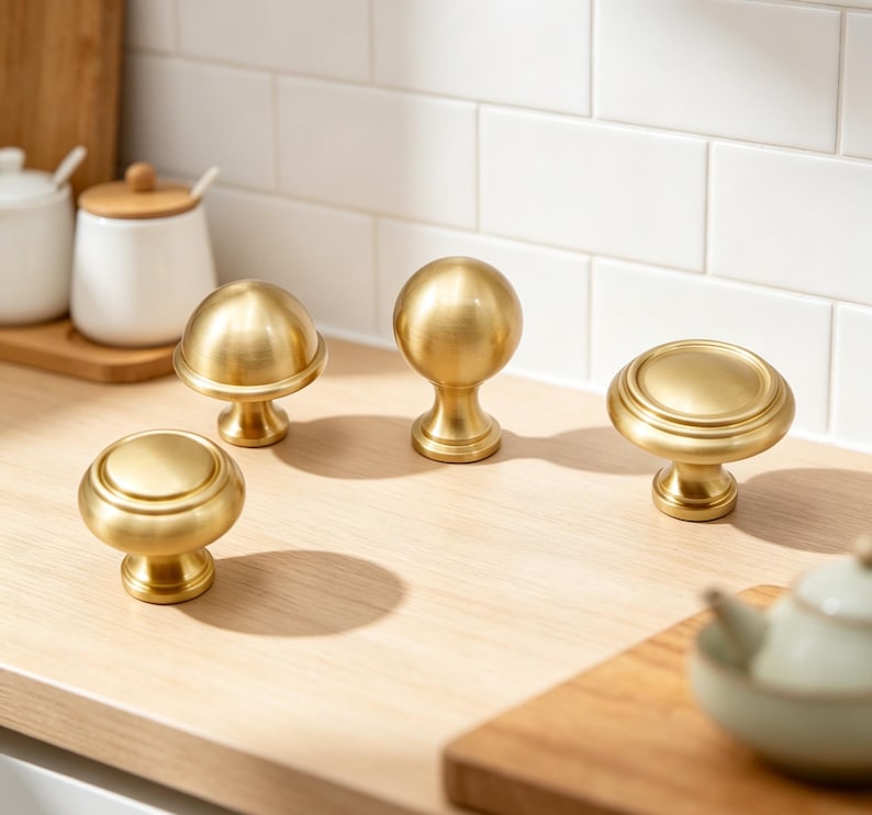 May include: Four brass cabinet knobs with a brushed gold finish. Two knobs feature a rounded dome shape with a tiered base, one knob has a spherical top on a pedestal, and one knob has a flat circular top with a stepped edge and a pedestal base.