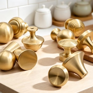 May include: A collection of various brass cabinet knobs in different shapes, including spherical, conical, and tiered designs. Each knob features a smooth, brushed metallic finish with a warm gold tone and a central mounting hole on the base.