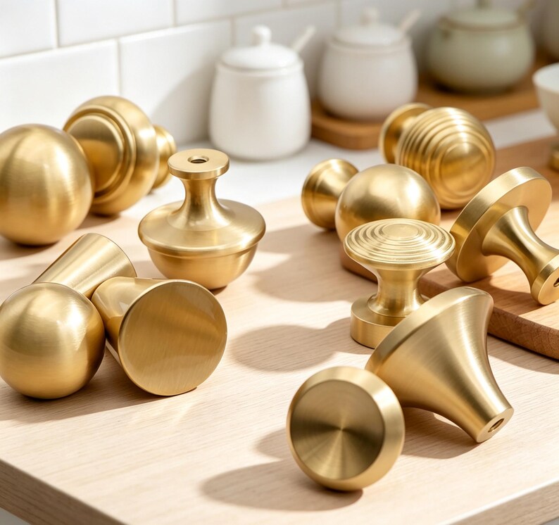 May include: A collection of various brass cabinet knobs in different shapes, including spherical, conical, and tiered designs. Each knob features a smooth, brushed metallic finish with a warm gold tone and a central mounting hole on the base.