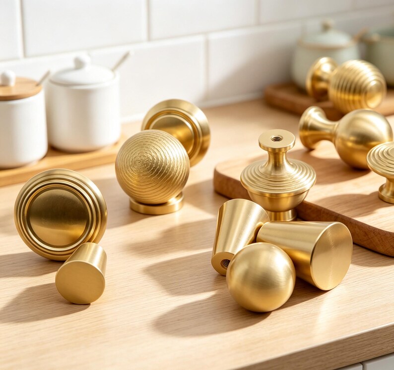 May include: A collection of gold-toned metal cabinet knobs and pulls in various shapes, including spherical, ribbed, and conical designs. These hardware pieces feature a smooth, brushed finish and are arranged in a group on a light wooden surface.